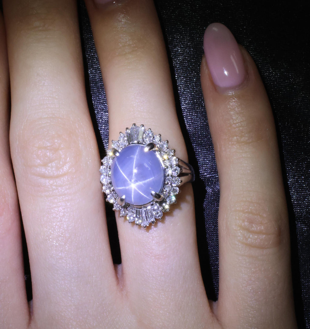 11.95ct Natural Blue Star Sapphire & 1.23ct Diamond Halo Platinum Ring Size 5.75