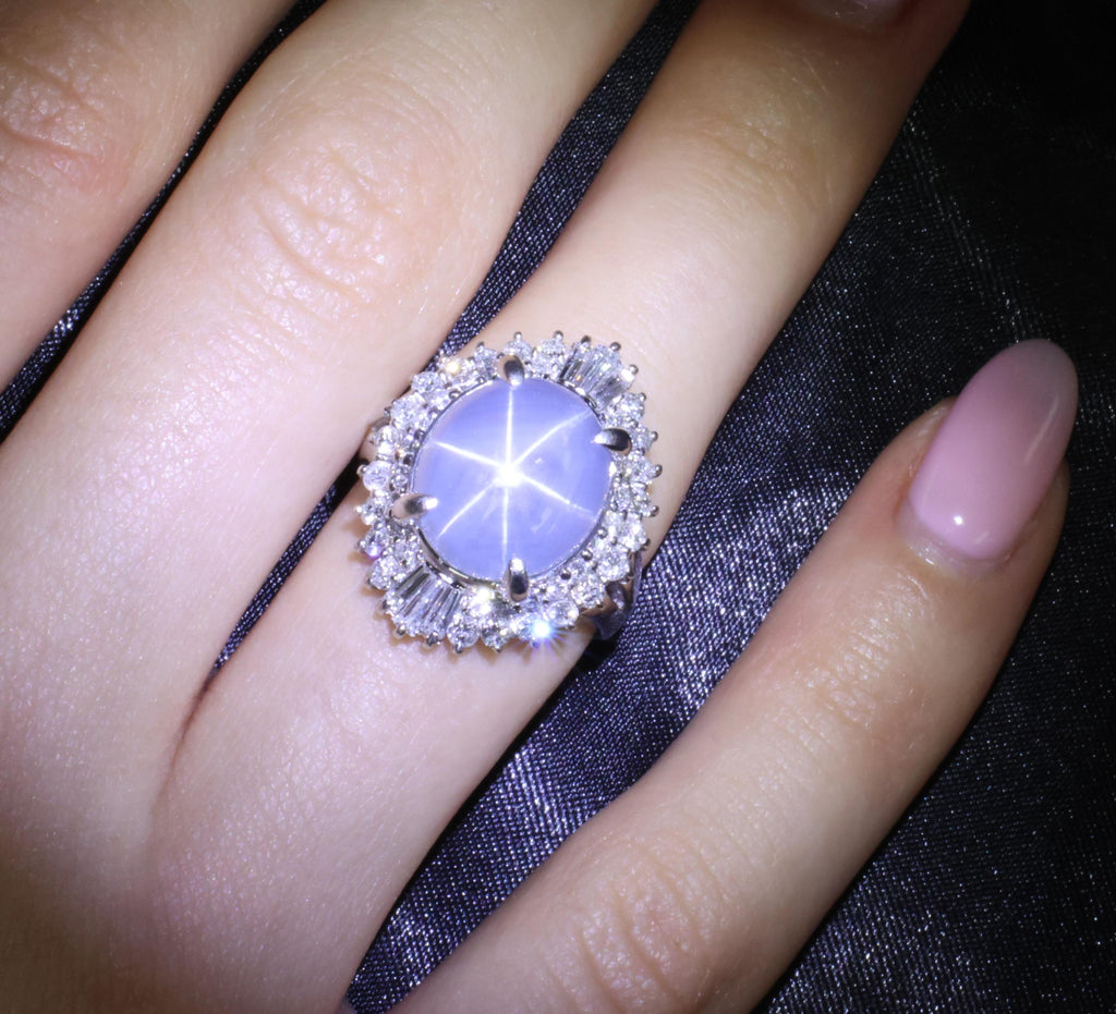 11.95ct Natural Blue Star Sapphire & 1.23ct Diamond Halo Platinum Ring Size 5.75