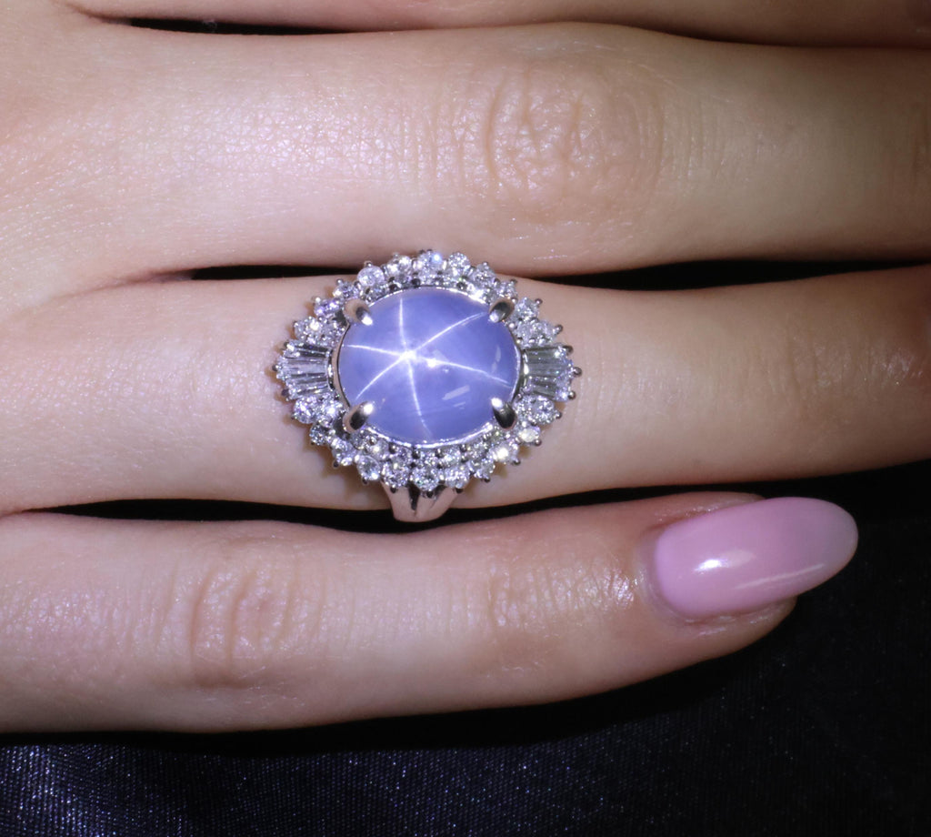 11.95ct Natural Blue Star Sapphire & 1.23ct Diamond Halo Platinum Ring Size 5.75