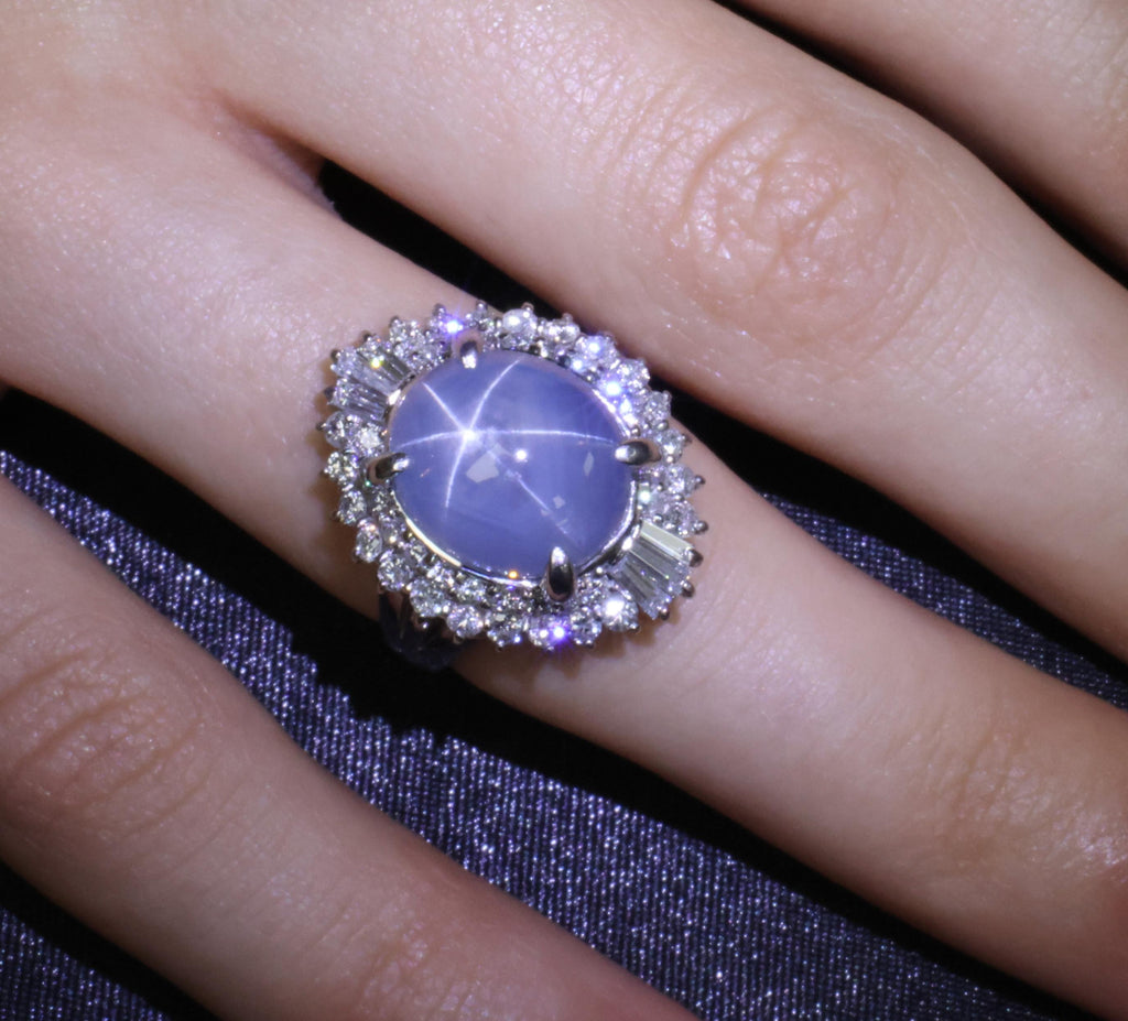 11.95ct Natural Blue Star Sapphire & 1.23ct Diamond Halo Platinum Ring Size 5.75