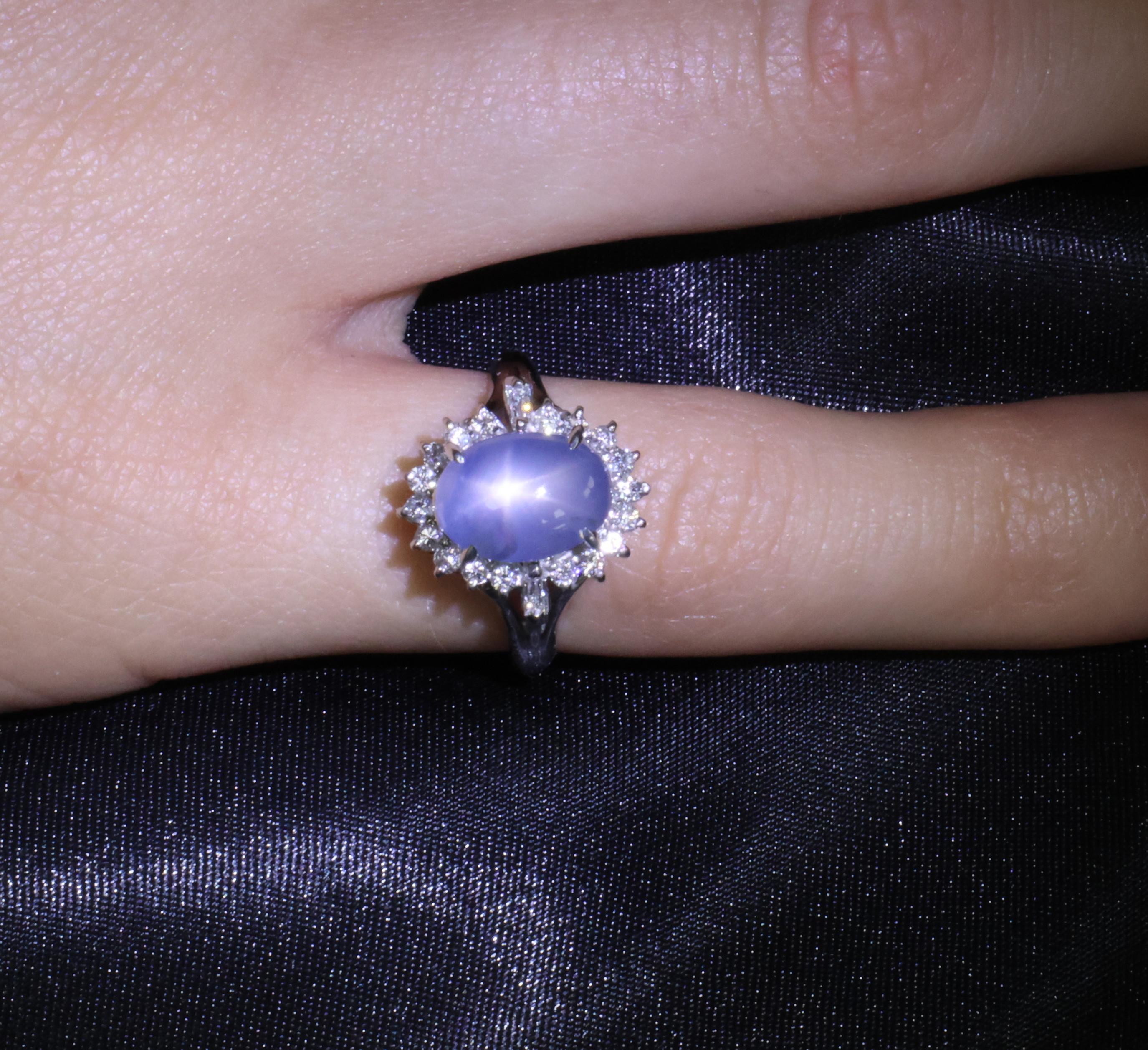 4.95ct Natural Untreated Star Sapphire & 0.31ct Diamond Platinum Ring, Size 4.75