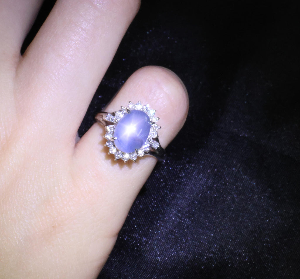 4.95ct Natural Untreated Star Sapphire & 0.31ct Diamond Platinum Ring, Size 4.75
