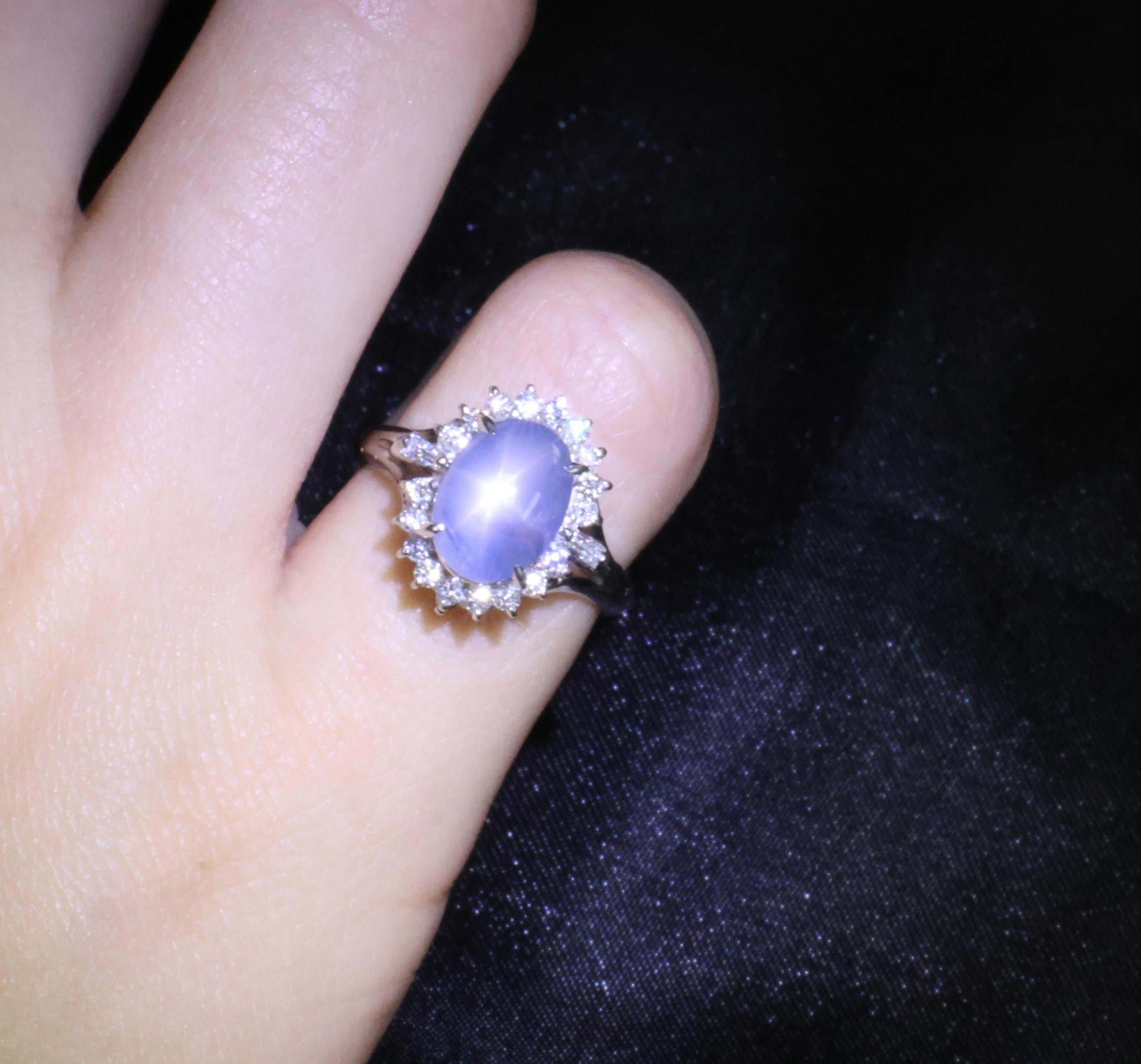 4.95ct Natural Untreated Star Sapphire & 0.31ct Diamond Platinum Ring, Size 4.75