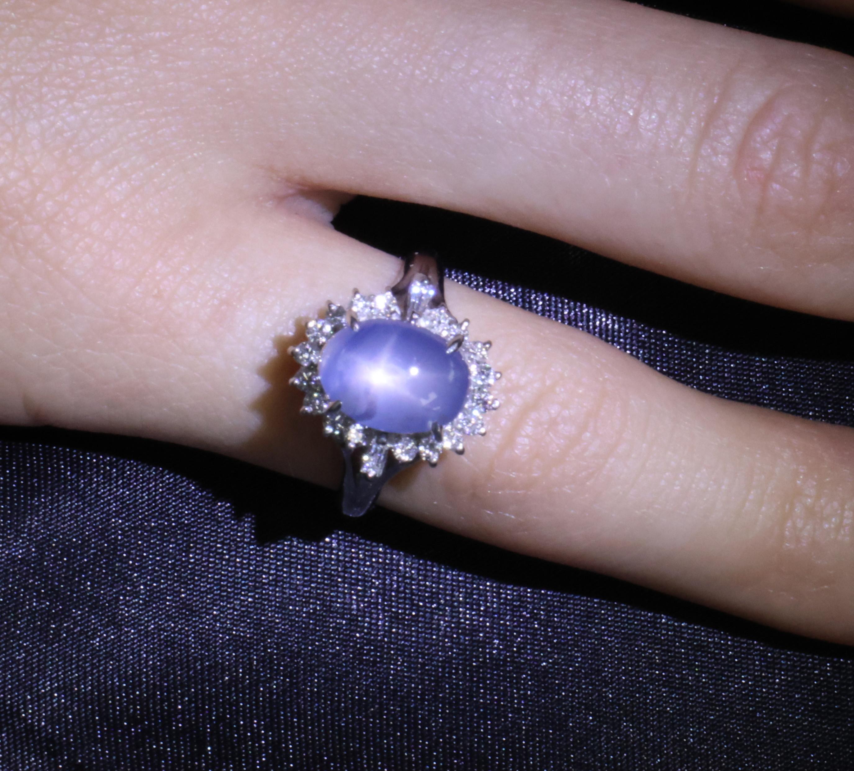 4.95ct Natural Untreated Star Sapphire & 0.31ct Diamond Platinum Ring, Size 4.75