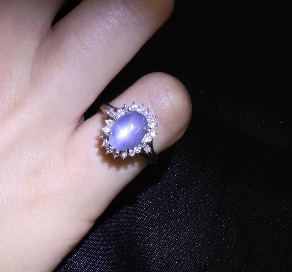 4.95ct Natural Untreated Star Sapphire & 0.31ct Diamond Platinum Ring, Size 4.75