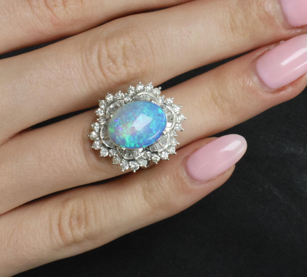 3.22ct Natural Untreated Opal & 2.16ct Diamond Halo Platinum Ring, Size 4.75
