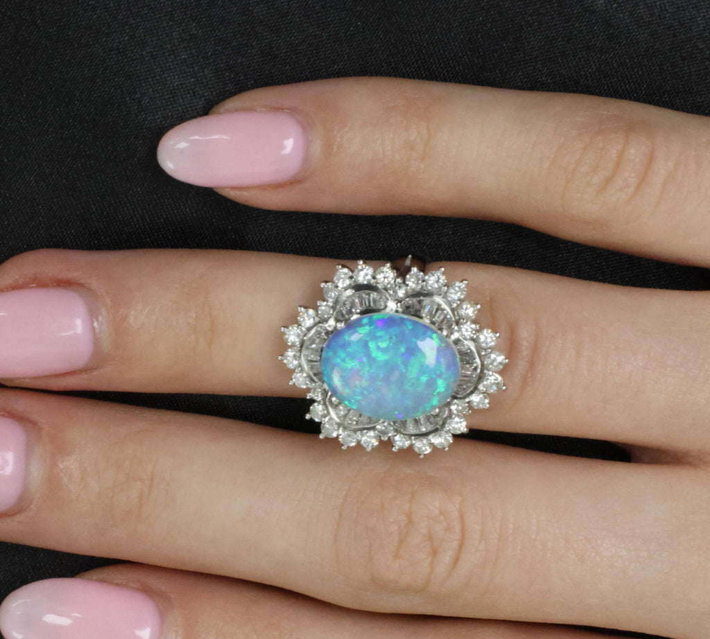 3.22ct Natural Untreated Opal & 2.16ct Diamond Halo Platinum Ring, Size 4.75