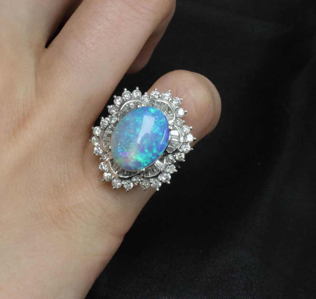 3.22ct Natural Untreated Opal & 2.16ct Diamond Halo Platinum Ring, Size 4.75