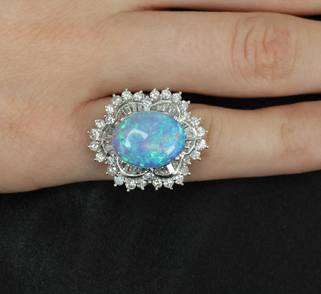 3.22ct Natural Untreated Opal & 2.16ct Diamond Halo Platinum Ring, Size 4.75