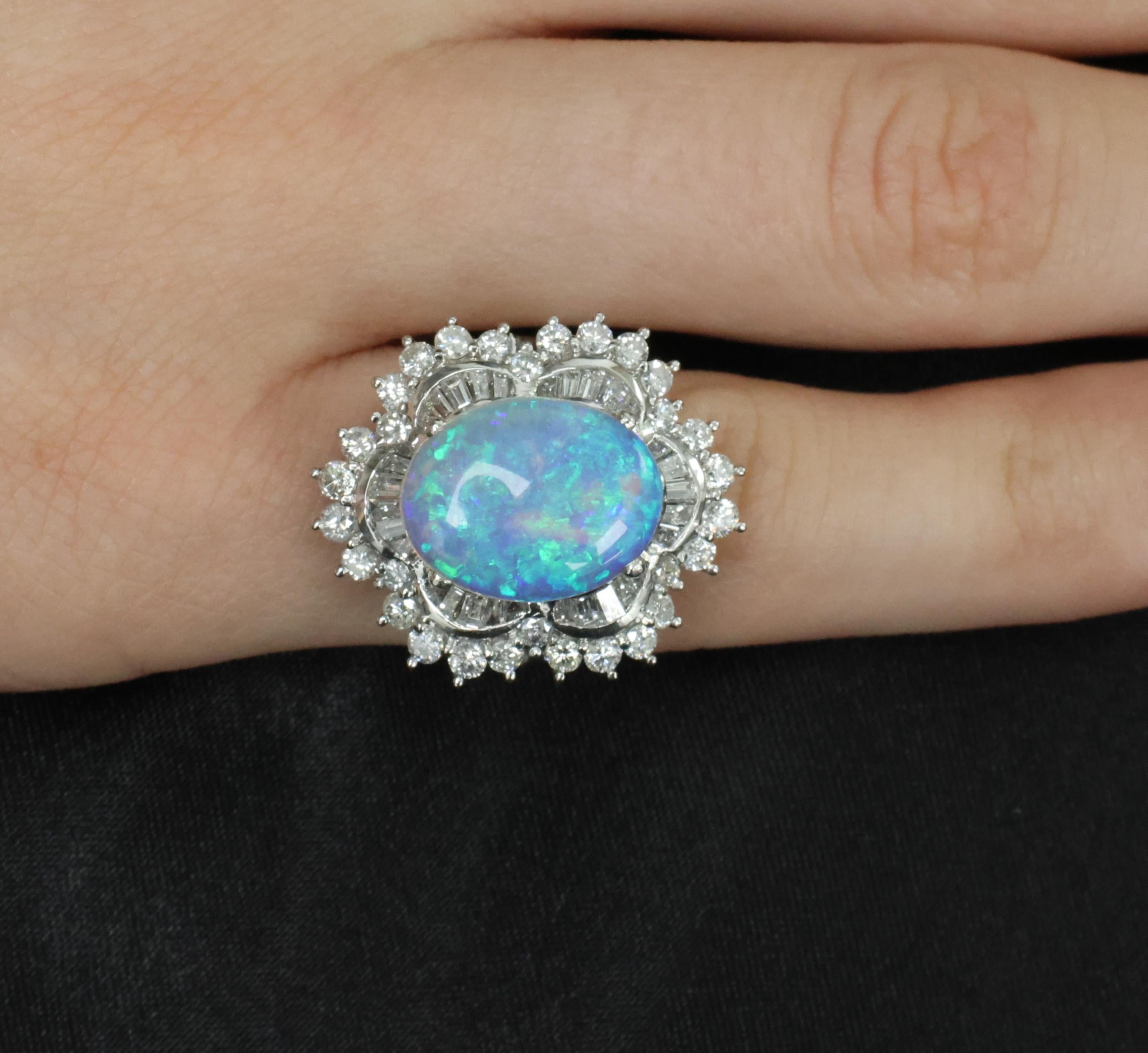 3.22ct Natural Untreated Opal & 2.16ct Diamond Halo Platinum Ring, Size 4.75