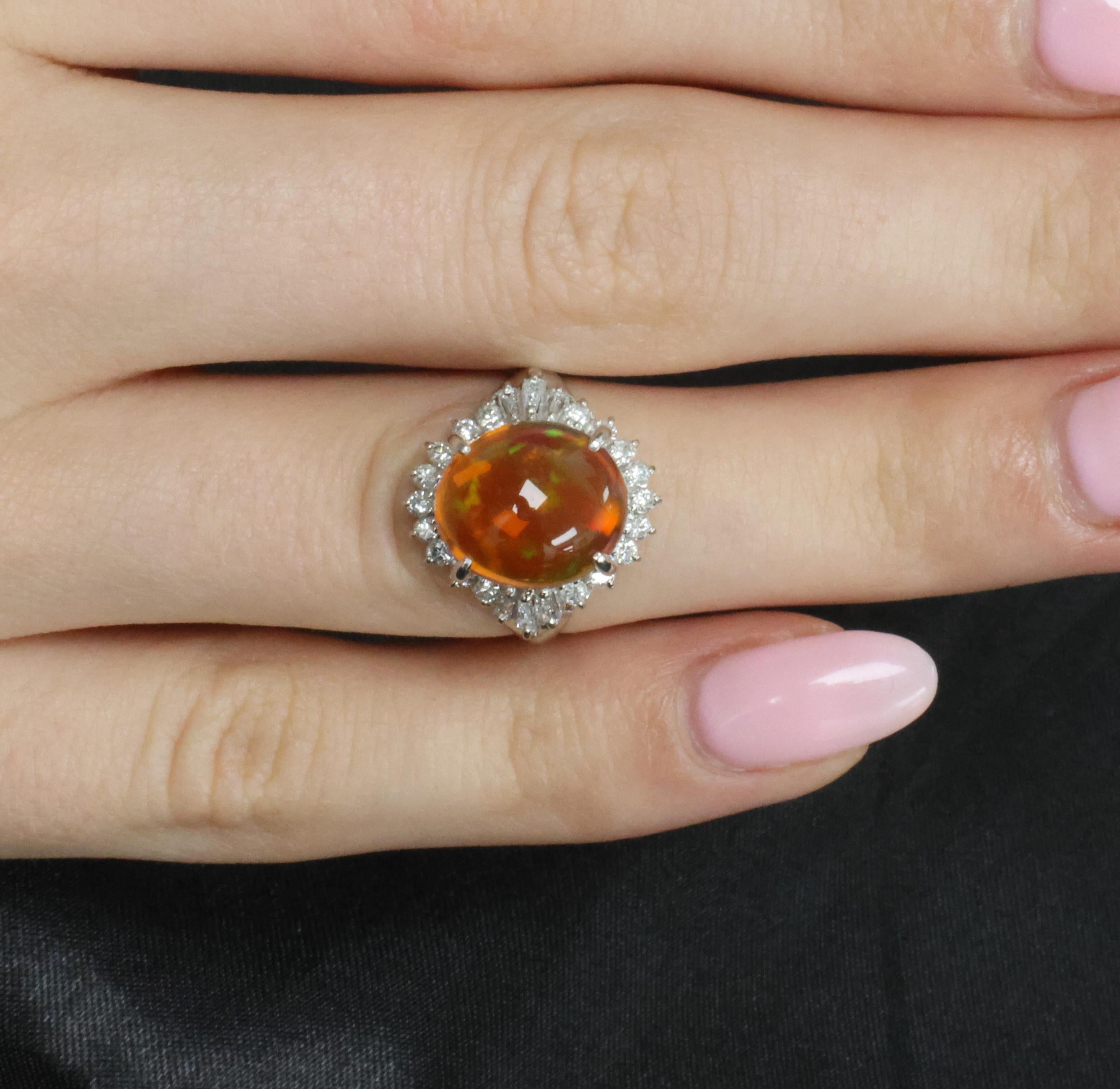 4.96ct Natural Mexican Fire Opal & 0.45ct Diamond Halo Platinum Ring, Size 5.5