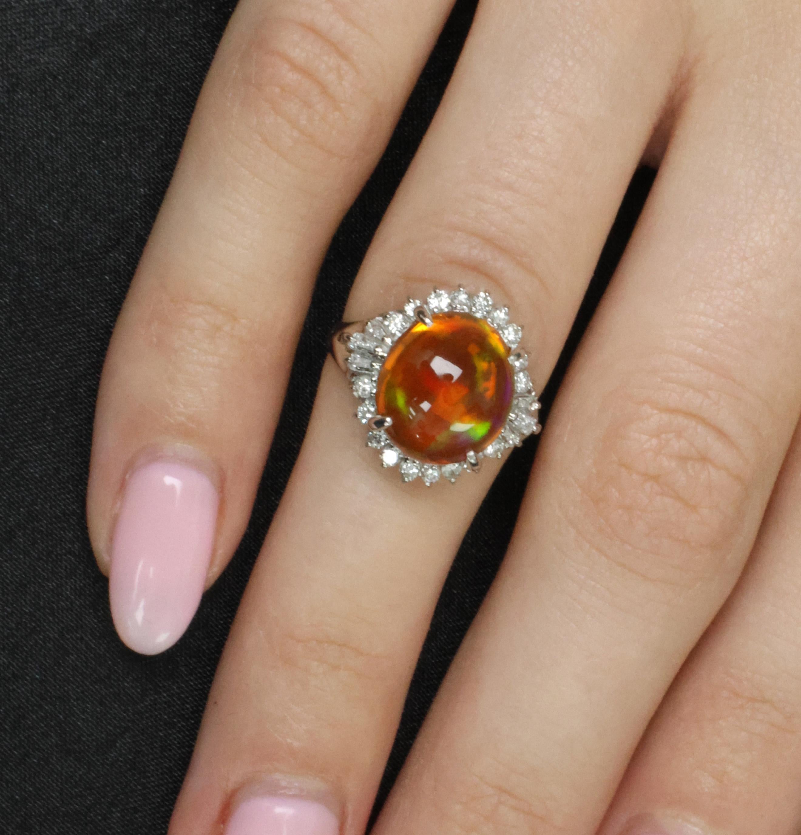 4.96ct Natural Mexican Fire Opal & 0.45ct Diamond Halo Platinum Ring, Size 5.5