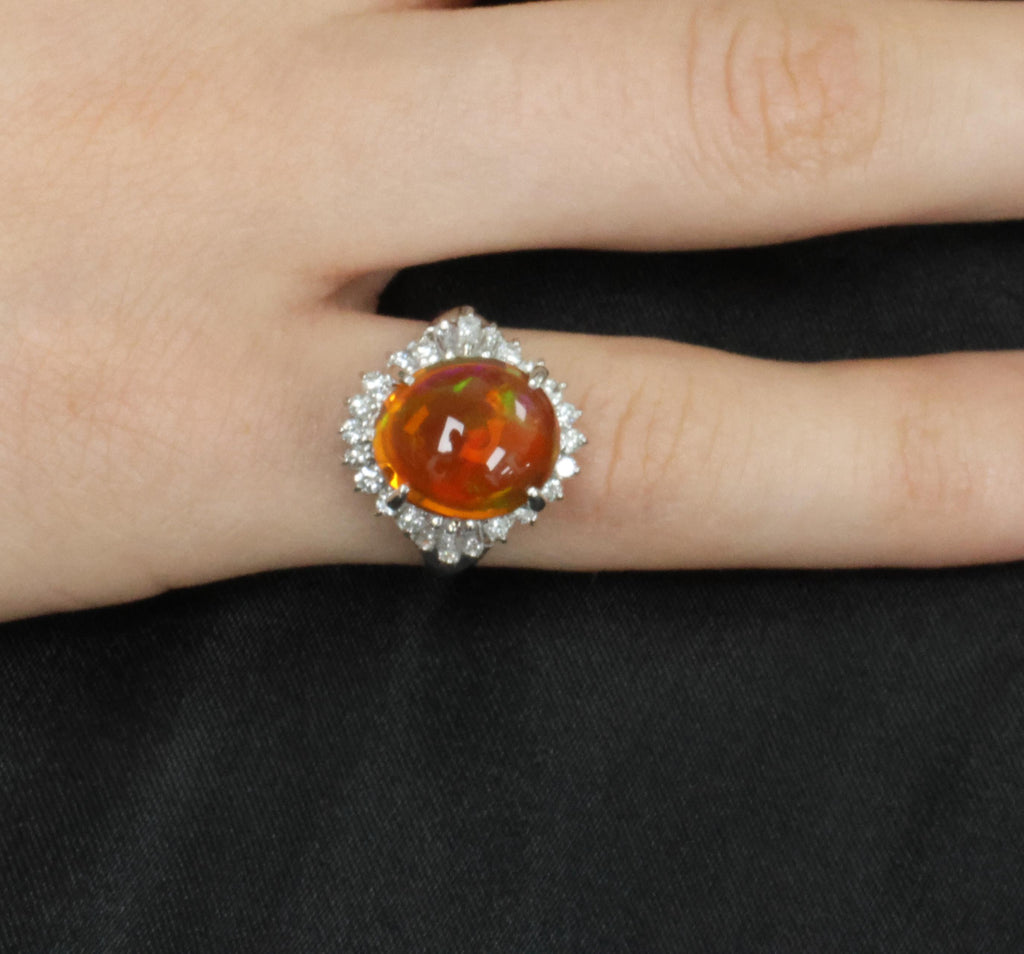 4.96ct Natural Mexican Fire Opal & 0.45ct Diamond Halo Platinum Ring, Size 5.5