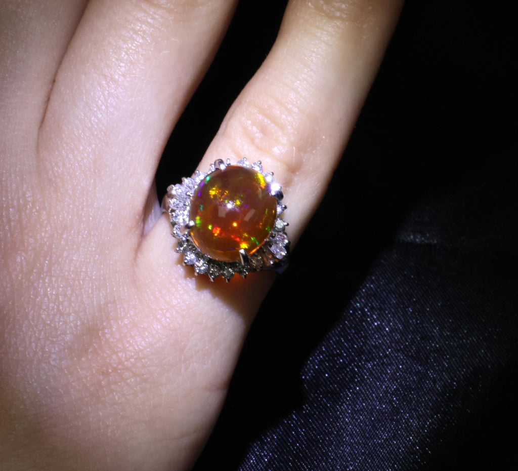 4.96ct Natural Mexican Fire Opal & 0.45ct Diamond Halo Platinum Ring, Size 5.5
