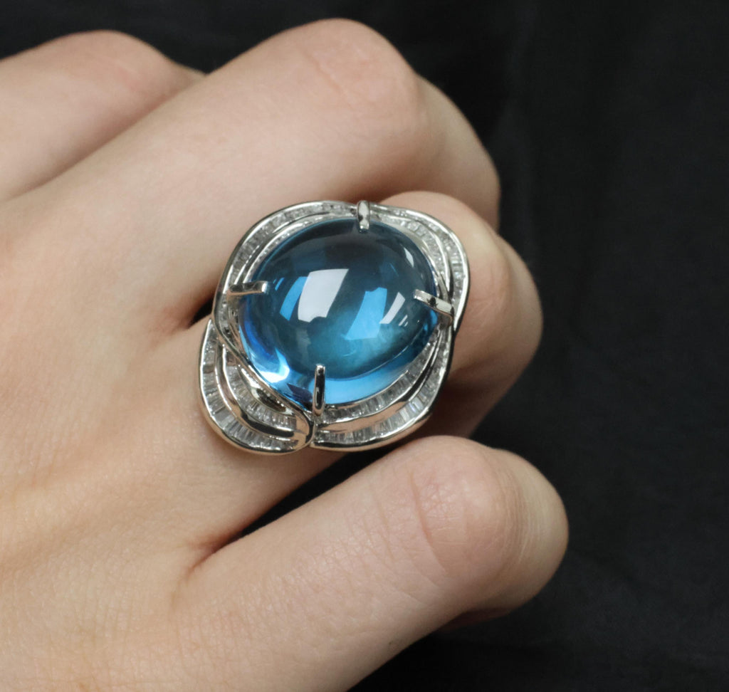 MASSIVE 24.64ct Natural Blue Topaz & 0.88ct Diamond Platinum Ring, Size 6.25
