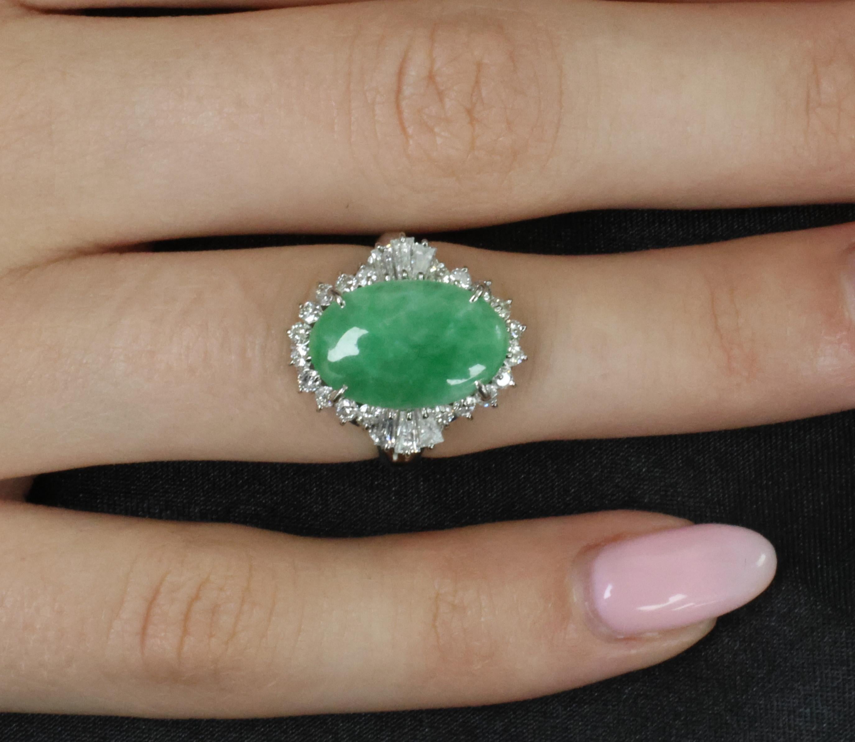 3.05ct Natural Green Apple Jadeite Jade & 0.68ct Diamond Platinum Ring, Size 5.5