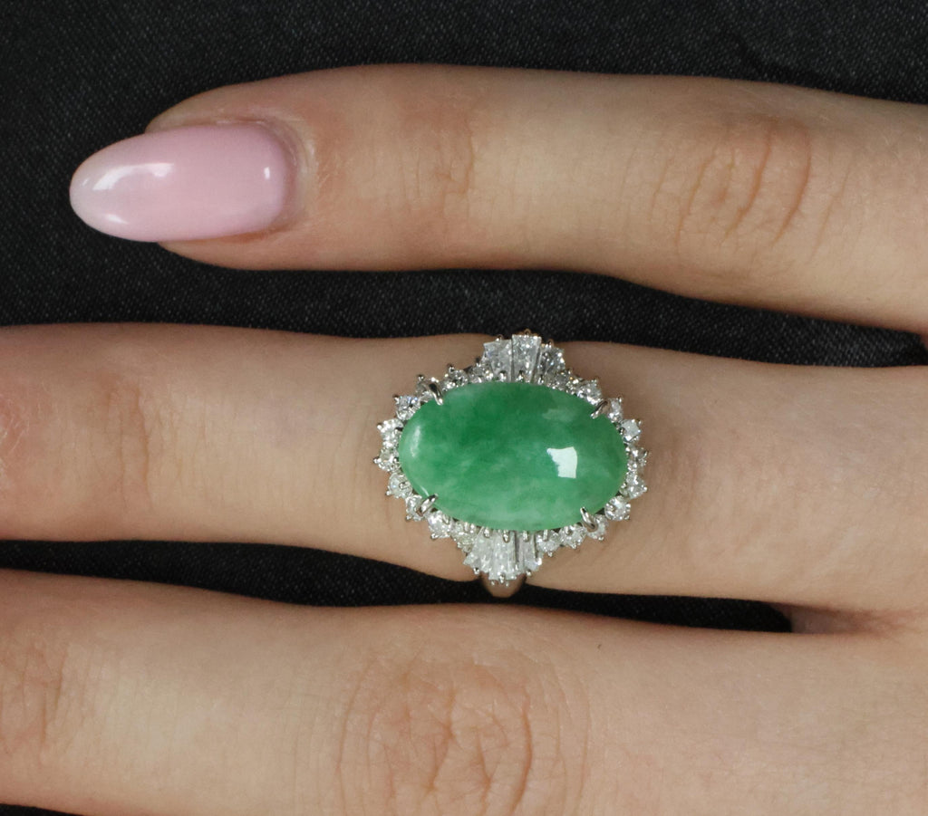 3.05ct Natural Green Apple Jadeite Jade & 0.68ct Diamond Platinum Ring, Size 5.5
