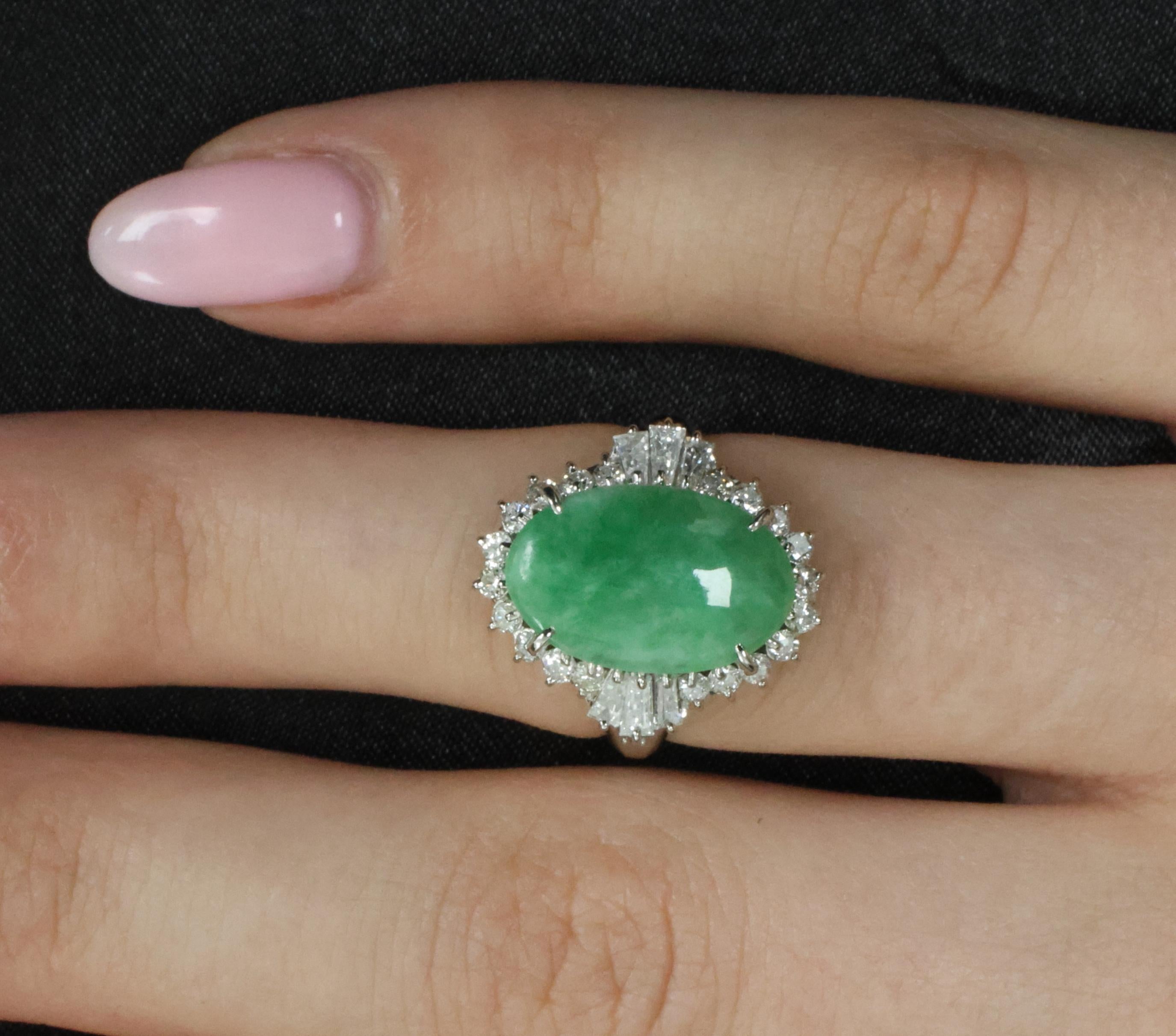3.05ct Natural Green Apple Jadeite Jade & 0.68ct Diamond Platinum Ring, Size 5.5