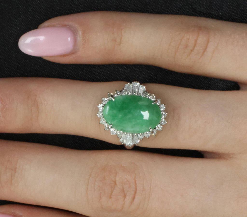 3.05ct Natural Green Apple Jadeite Jade & 0.68ct Diamond Platinum Ring, Size 5.5