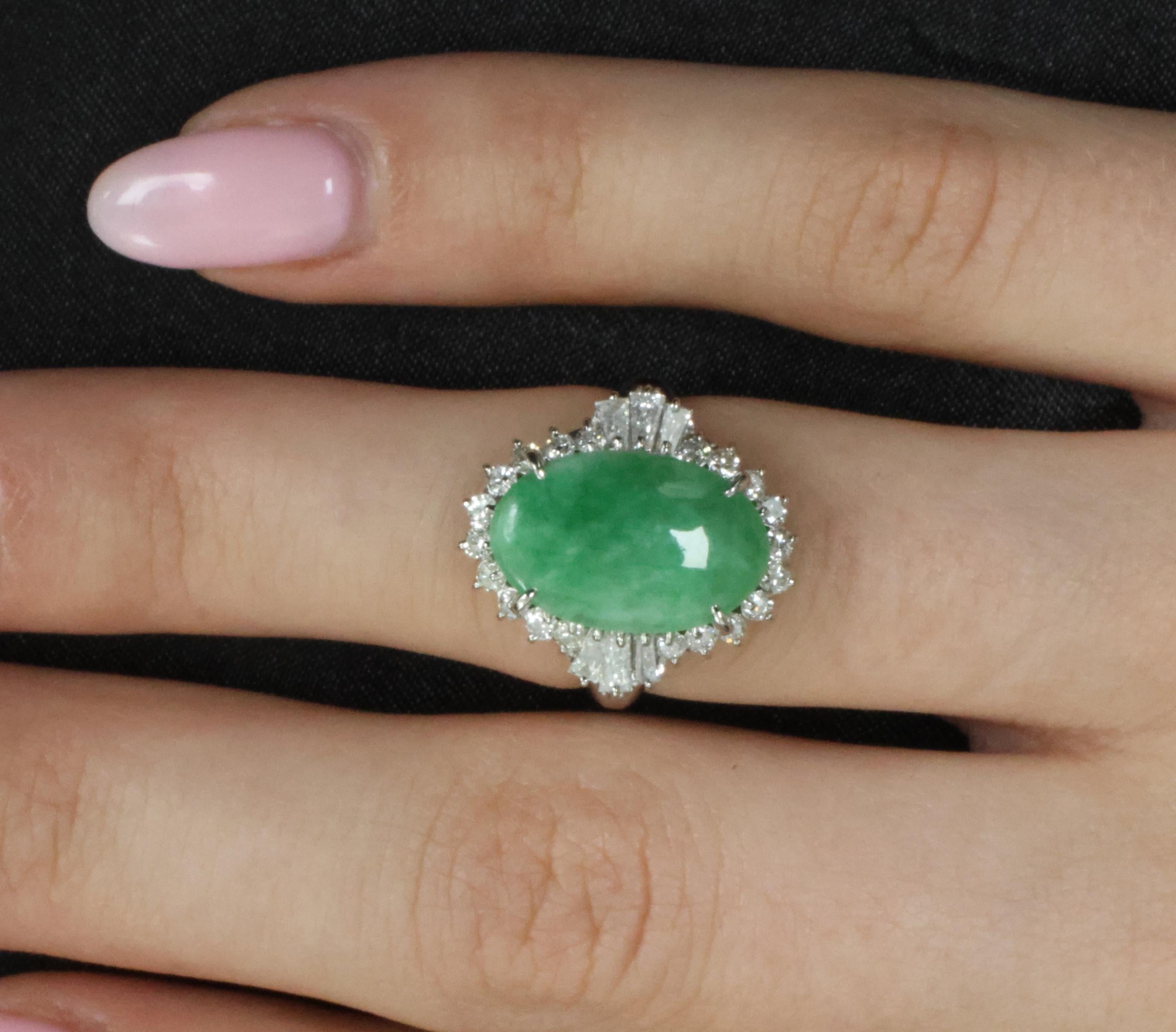 3.05ct Natural Green Apple Jadeite Jade & 0.68ct Diamond Platinum Ring, Size 5.5