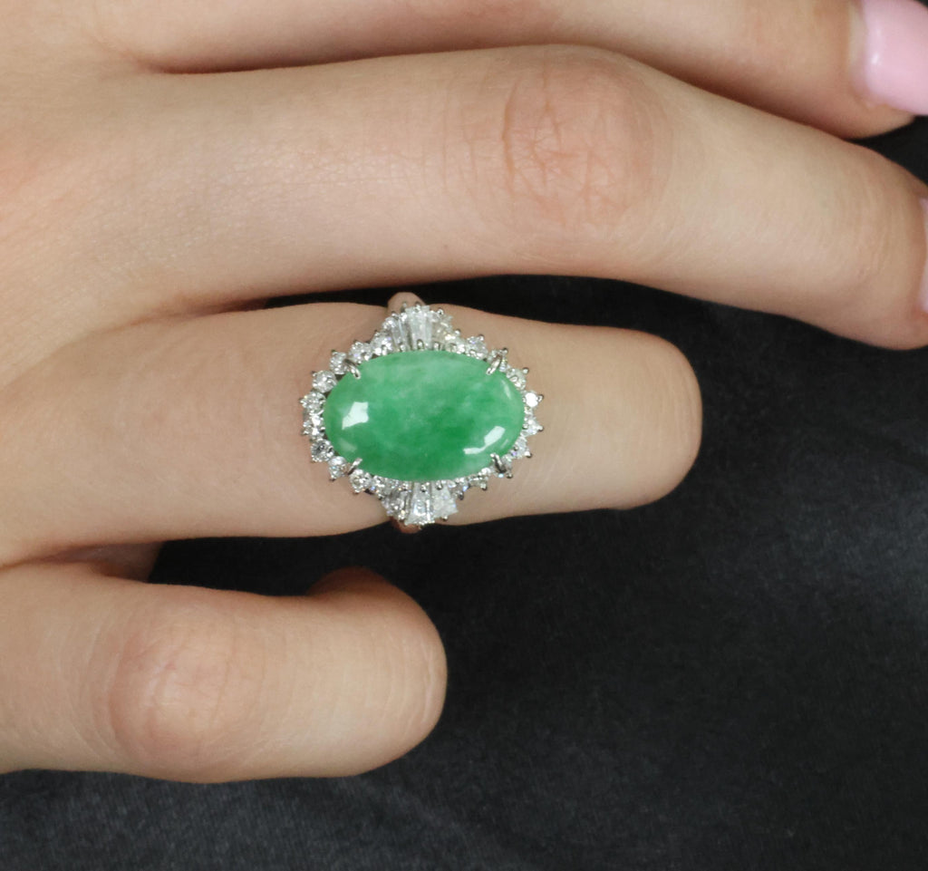 3.05ct Natural Green Apple Jadeite Jade & 0.68ct Diamond Platinum Ring, Size 5.5