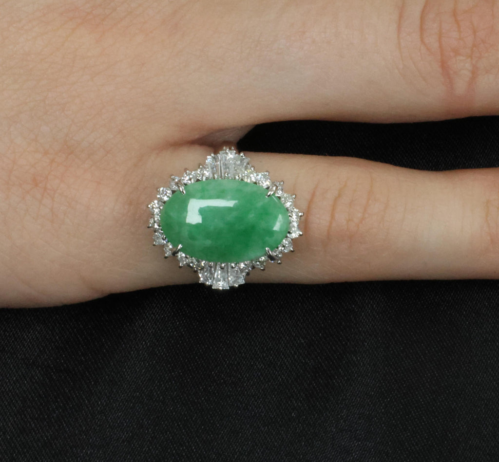 3.05ct Natural Green Apple Jadeite Jade & 0.68ct Diamond Platinum Ring, Size 5.5