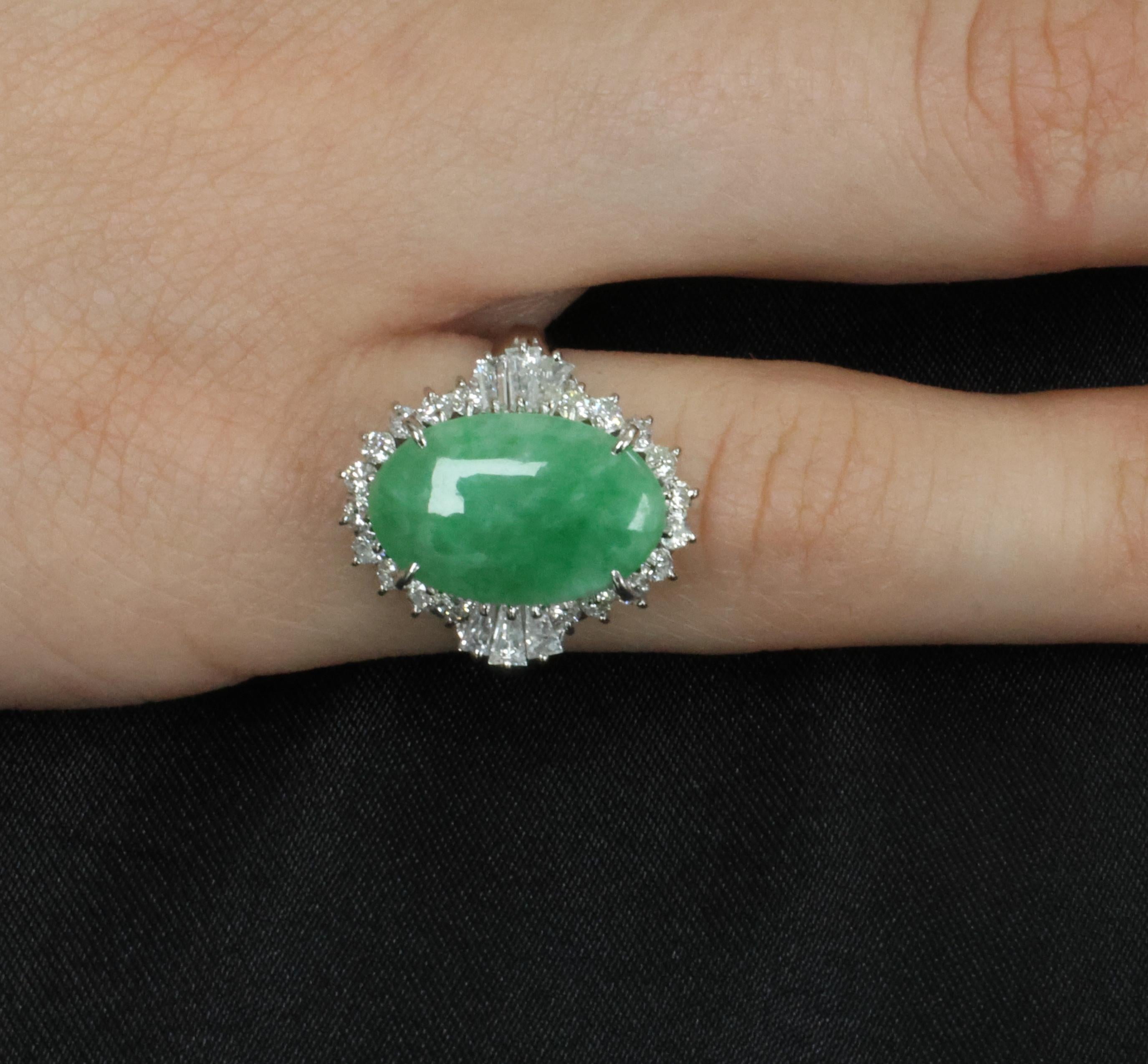 3.05ct Natural Green Apple Jadeite Jade & 0.68ct Diamond Platinum Ring, Size 5.5