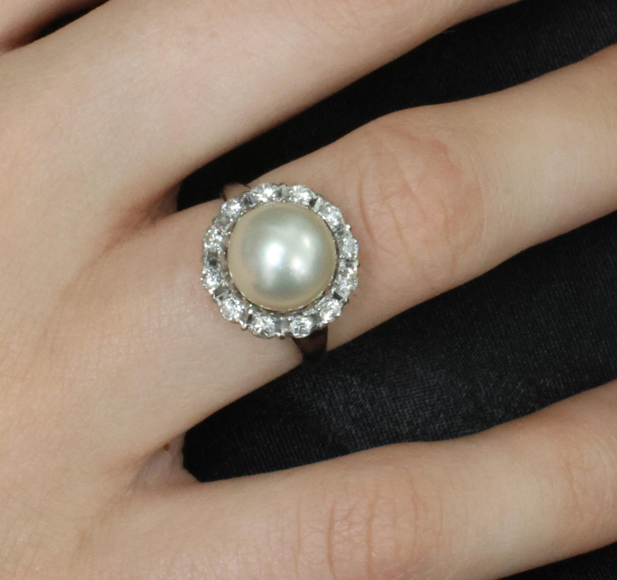 Vintage 9.5mm South Seas Cultured Pearl & 0.48ct Diamond Platinum Ring, Size 6