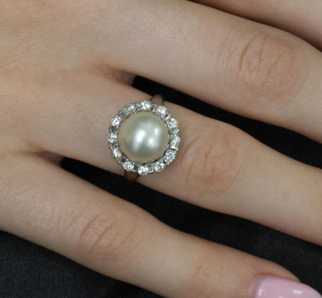 Vintage 9.5mm South Seas Cultured Pearl & 0.48ct Diamond Platinum Ring, Size 6
