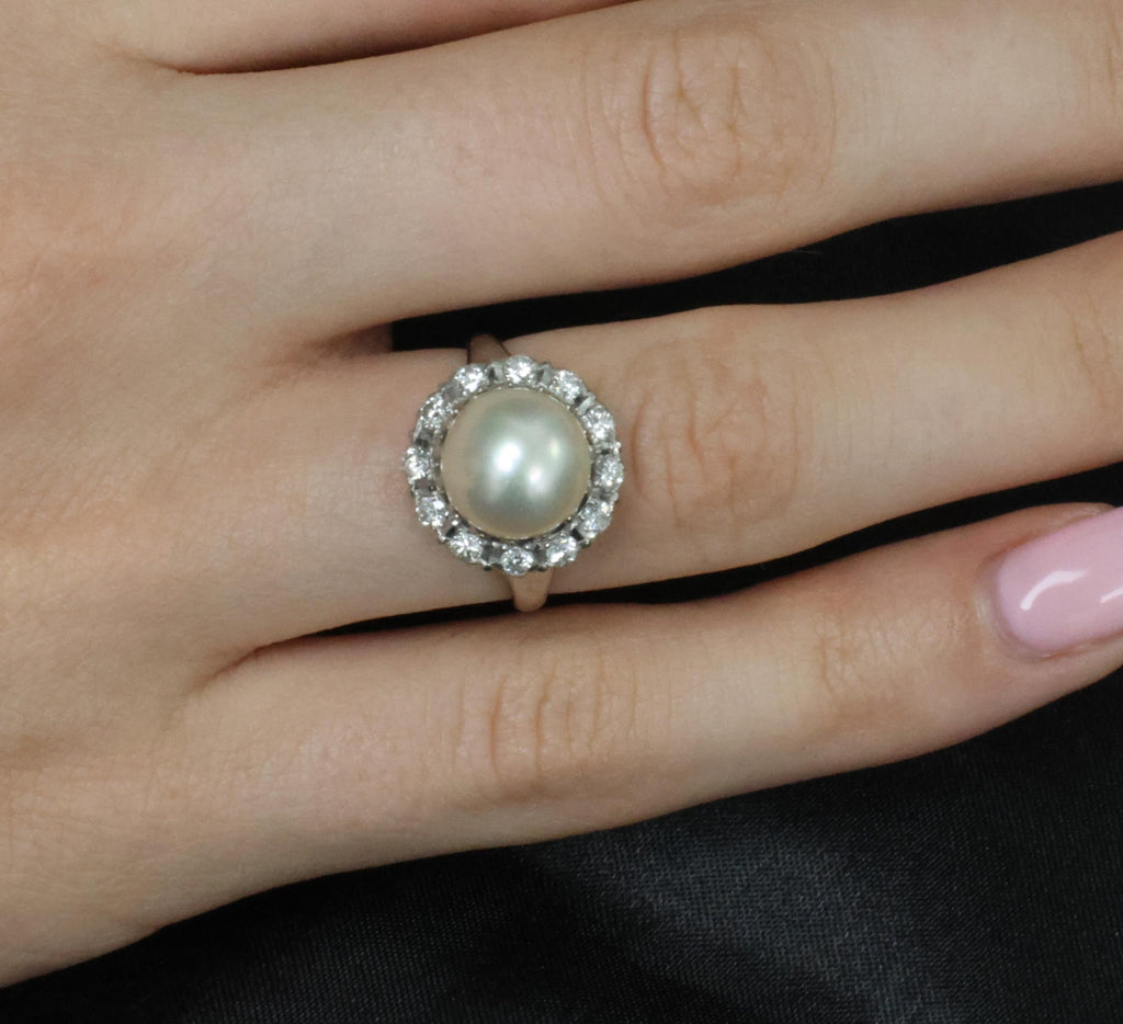 Vintage 9.5mm South Seas Cultured Pearl & 0.48ct Diamond Platinum Ring, Size 6