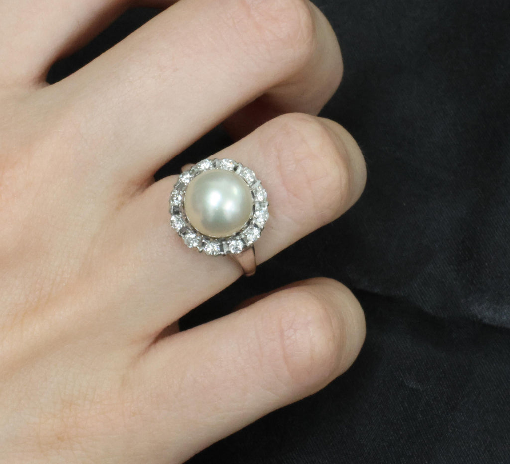 Vintage 9.5mm South Seas Cultured Pearl & 0.48ct Diamond Platinum Ring, Size 6