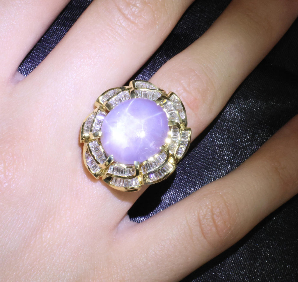 25.00ct Natural Purple Star Sapphire & 3.00ct Diamond 18K Gold Ring, Size 6.75