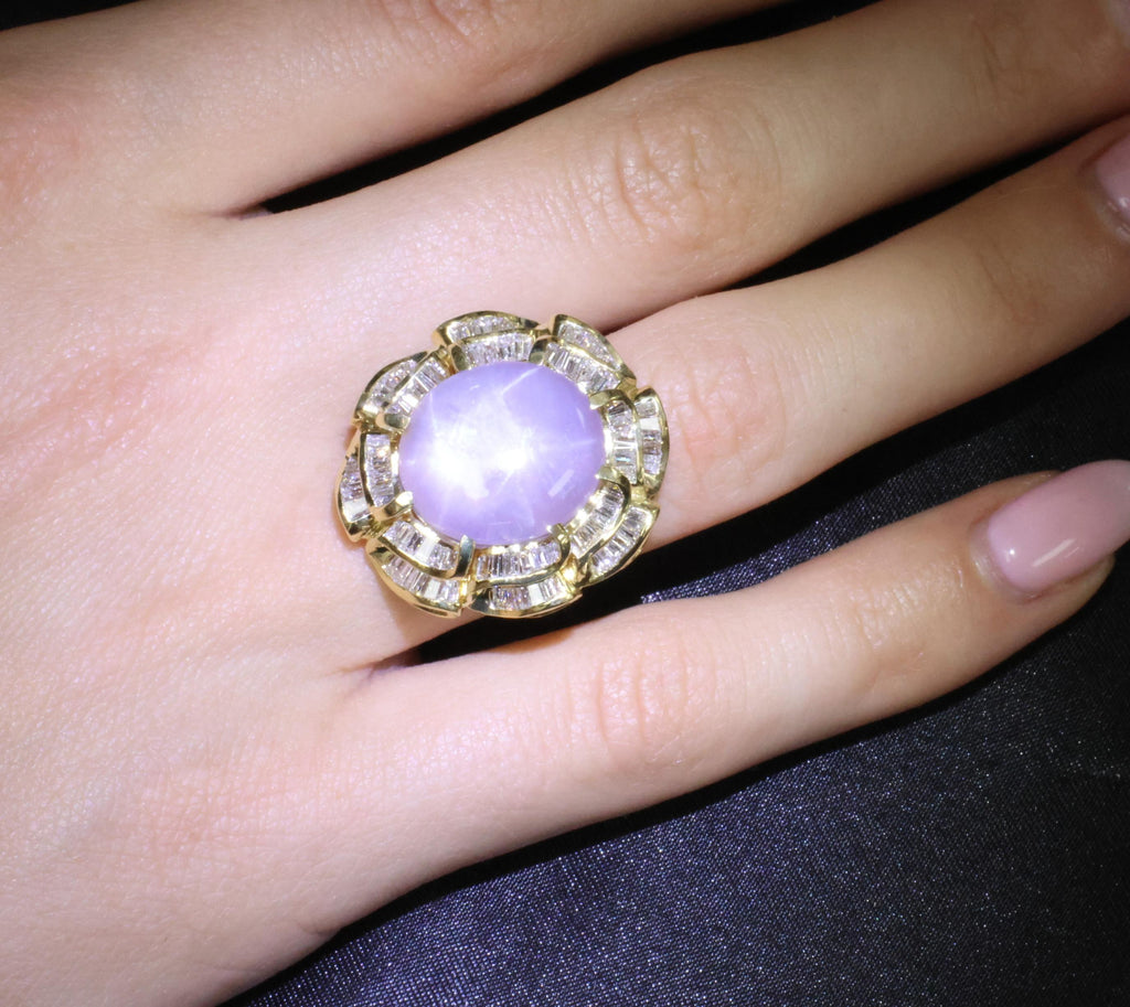 25.00ct Natural Purple Star Sapphire & 3.00ct Diamond 18K Gold Ring, Size 6.75