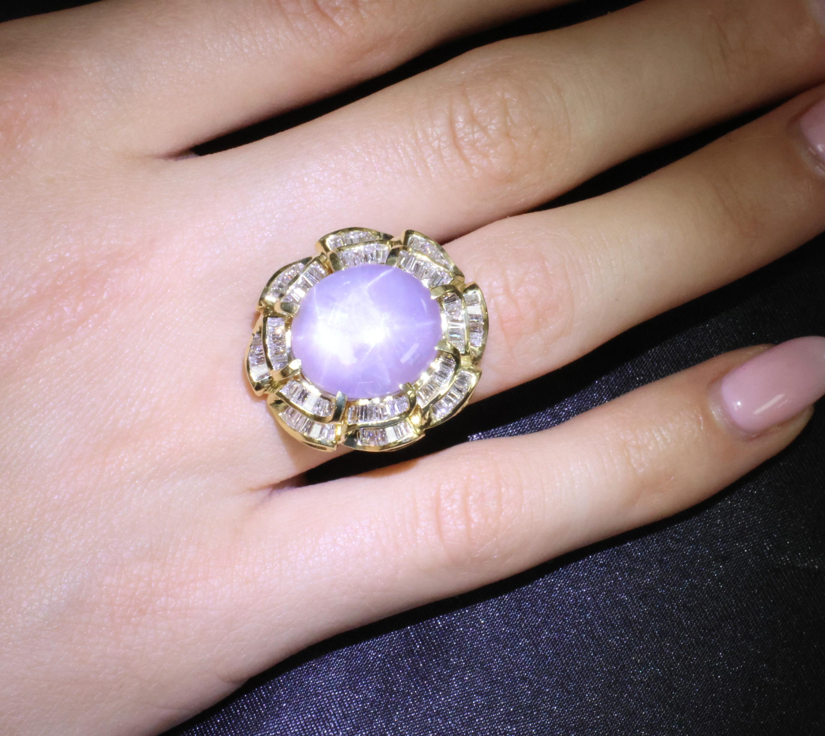 25.00ct Natural Purple Star Sapphire & 3.00ct Diamond 18K Gold Ring, Size 6.75