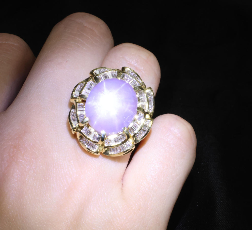 25.00ct Natural Purple Star Sapphire & 3.00ct Diamond 18K Gold Ring, Size 6.75