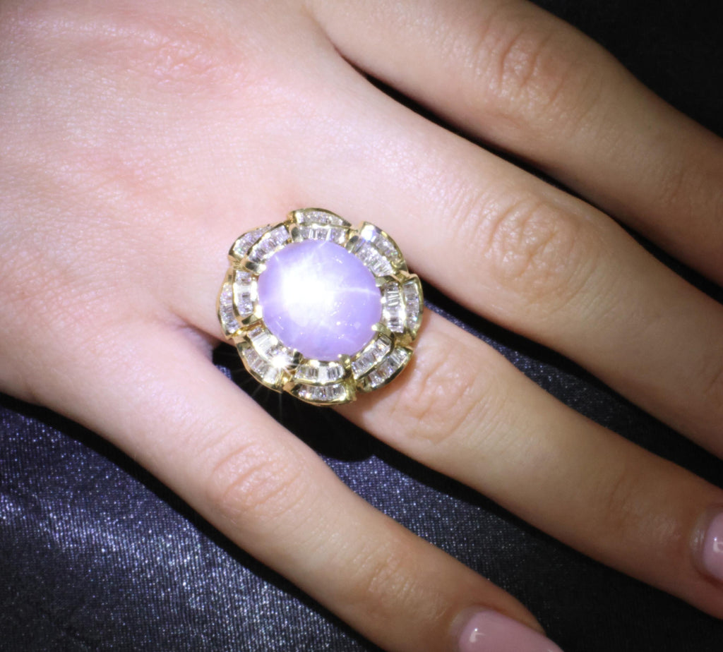 25.00ct Natural Purple Star Sapphire & 3.00ct Diamond 18K Gold Ring, Size 6.75