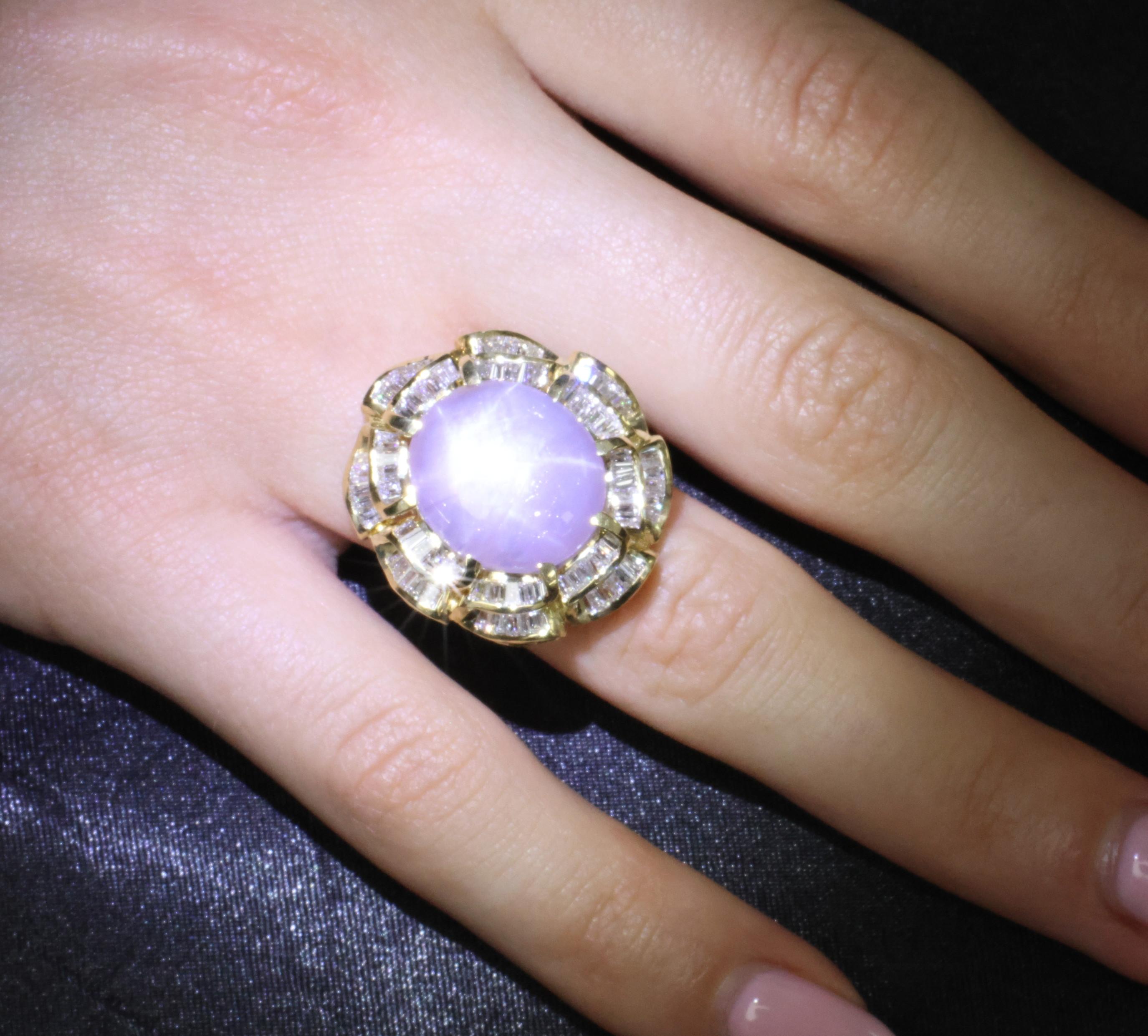 25.00ct Natural Purple Star Sapphire & 3.00ct Diamond 18K Gold Ring, Size 6.75