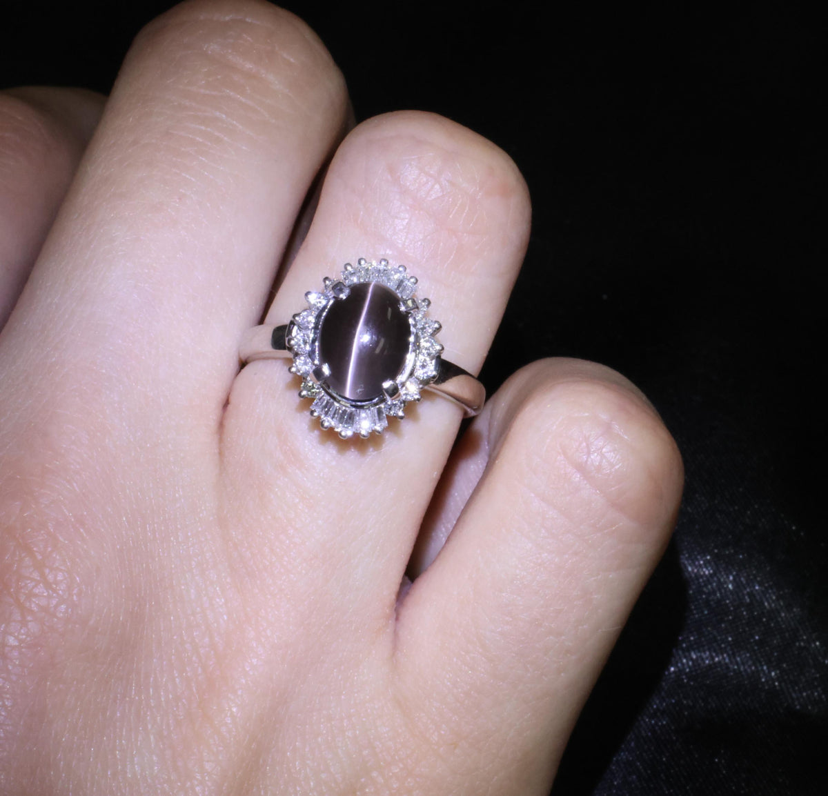 Estate 2.67ct GIA Sillimanite Cat's Eye & 0.41ct Diamond Platinum Ring, Size 7
