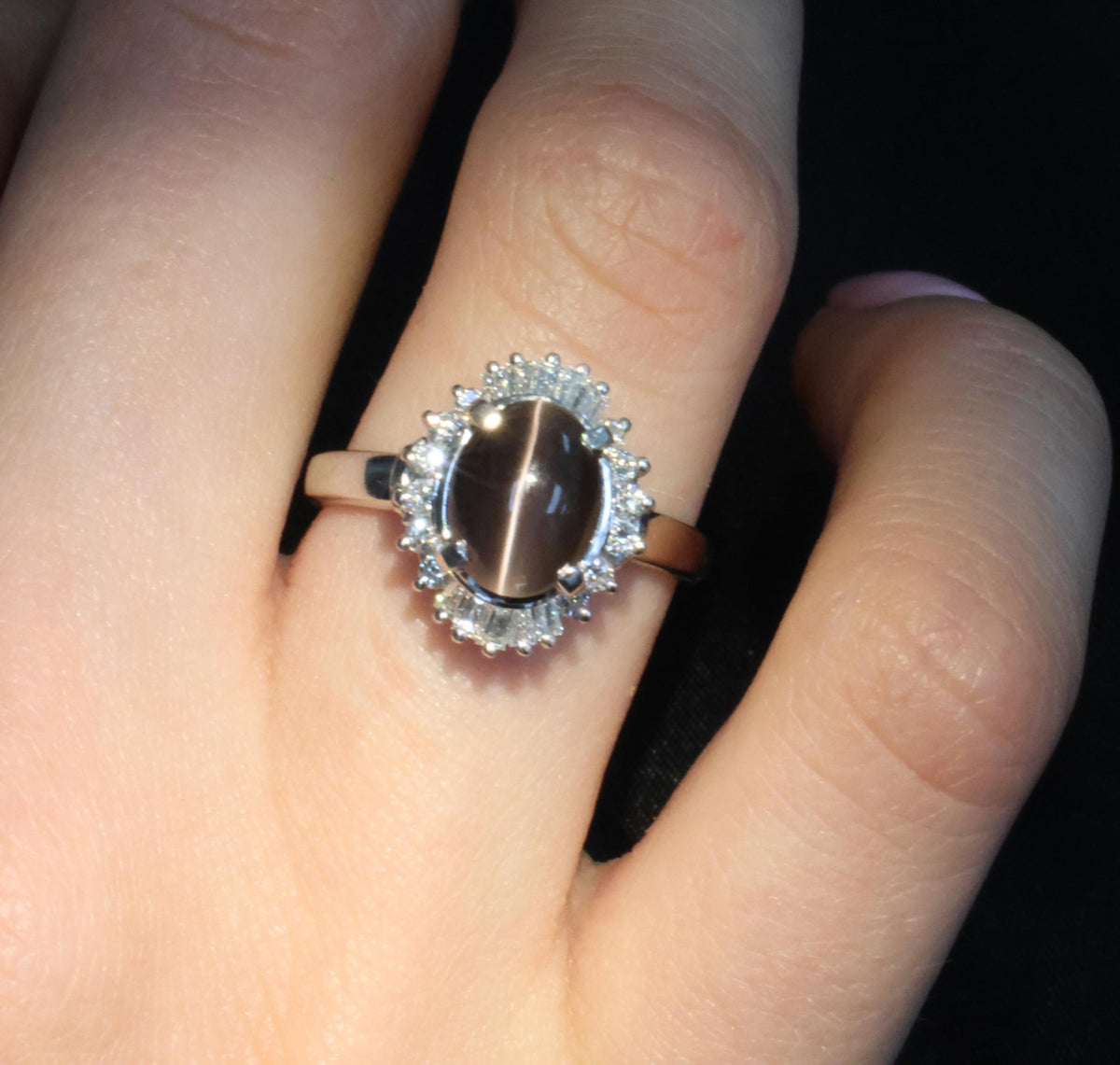 Estate 2.67ct GIA Sillimanite Cat's Eye & 0.41ct Diamond Platinum Ring, Size 7