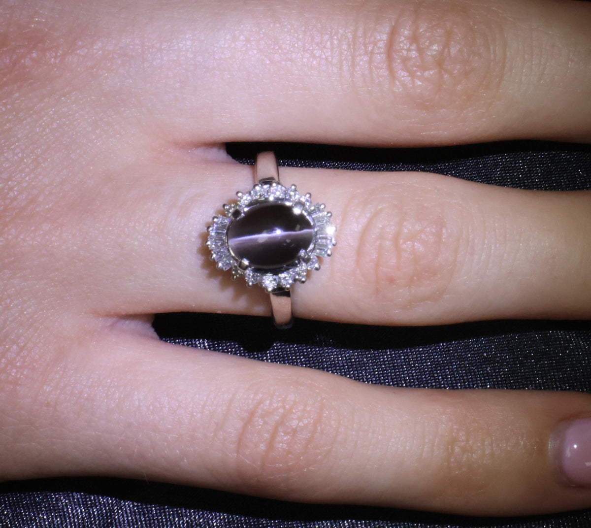 Estate 2.67ct GIA Sillimanite Cat's Eye & 0.41ct Diamond Platinum Ring, Size 7