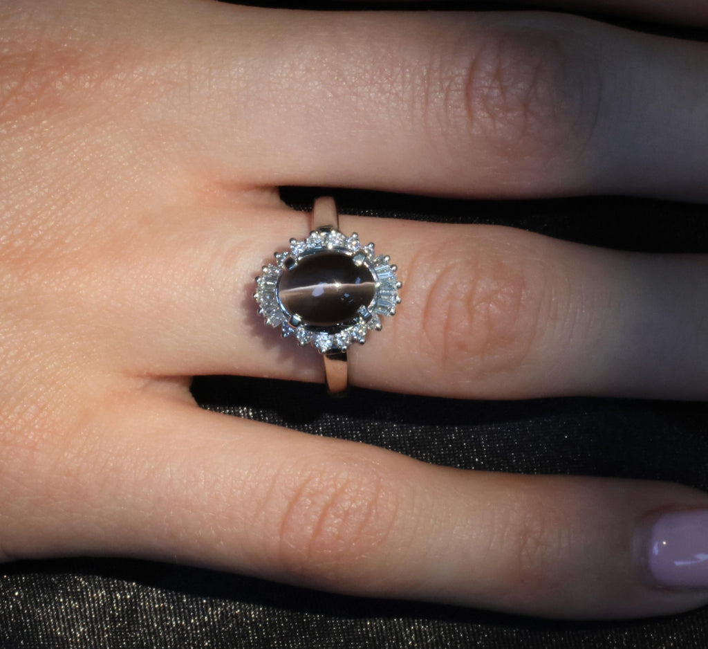 Estate 2.67ct GIA Sillimanite Cat's Eye & 0.41ct Diamond Platinum Ring, Size 7