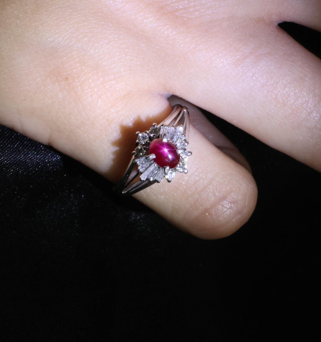 Vintage 0.96ct Natural Star Ruby & 0.34ct Diamond Platinum Ring, Size 5.5
