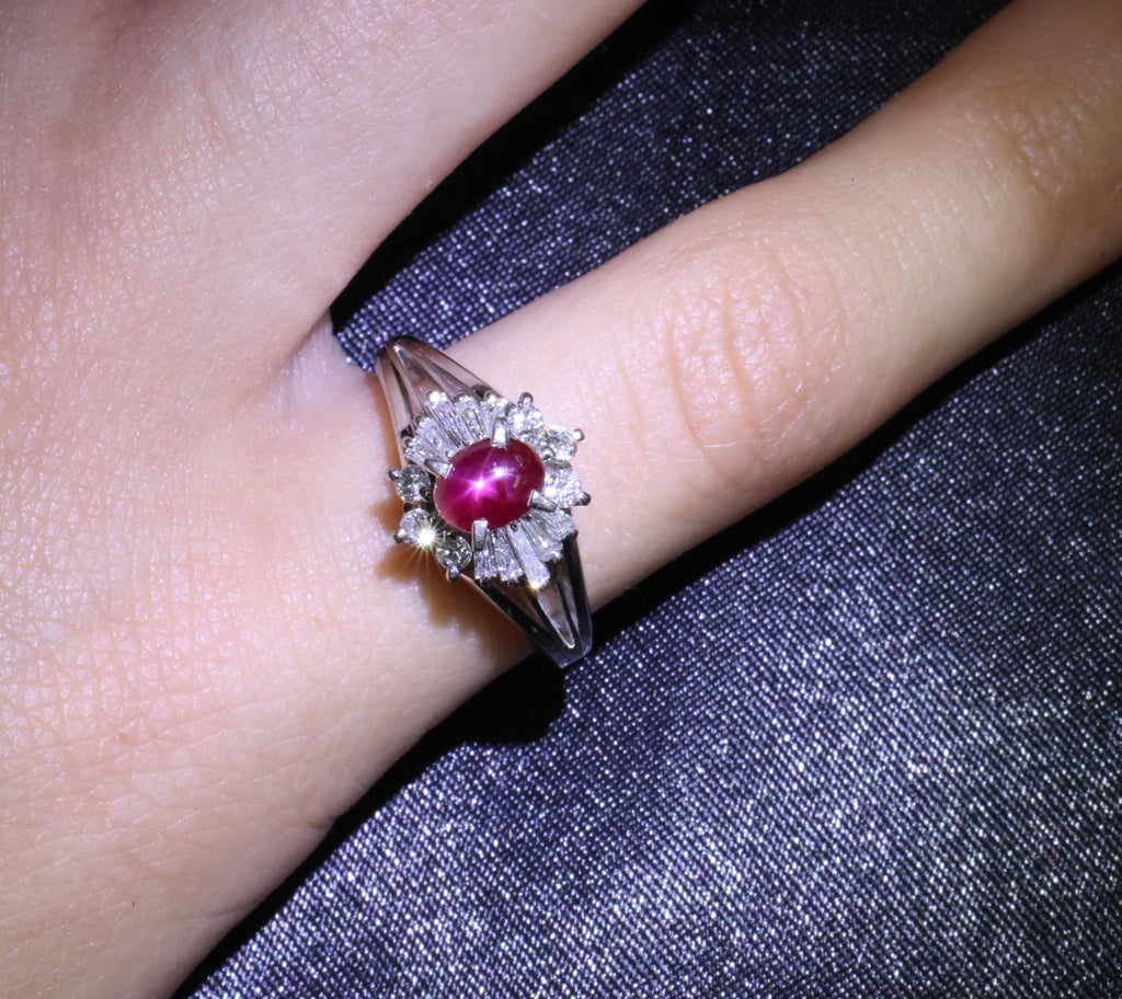 Vintage 0.96ct Natural Star Ruby & 0.34ct Diamond Platinum Ring, Size 5.5