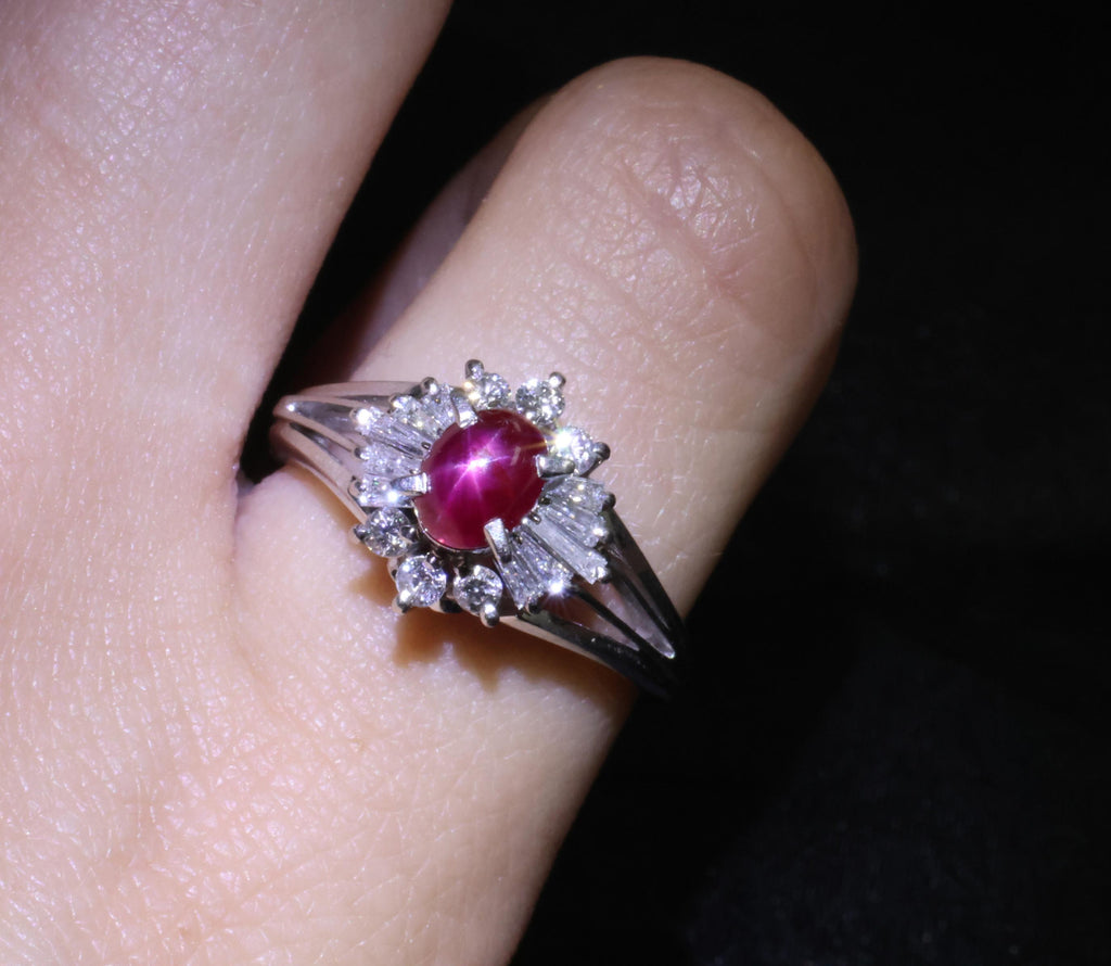 Vintage 0.96ct Natural Star Ruby & 0.34ct Diamond Platinum Ring, Size 5.5