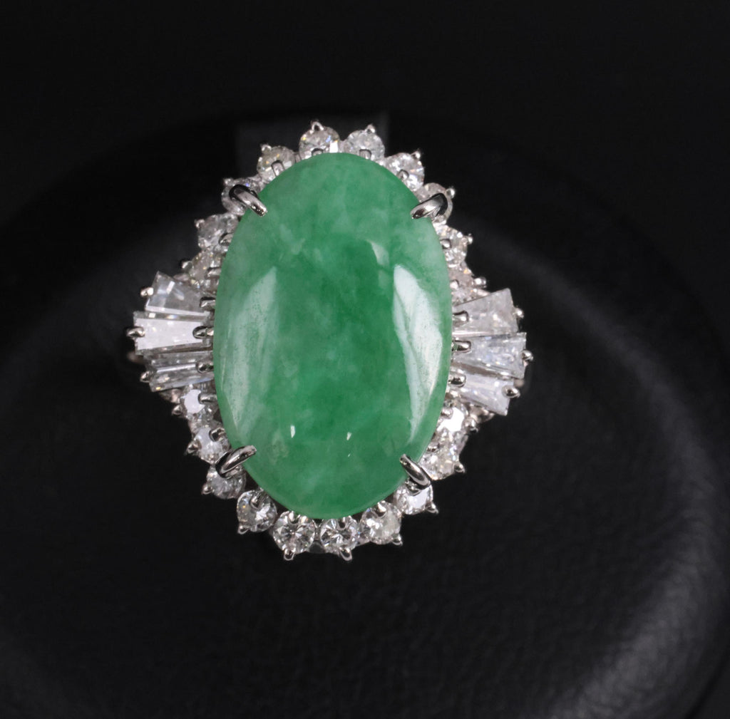 3.05ct Natural Green Apple Jadeite Jade & 0.68ct Diamond Platinum Ring, Size 5.5