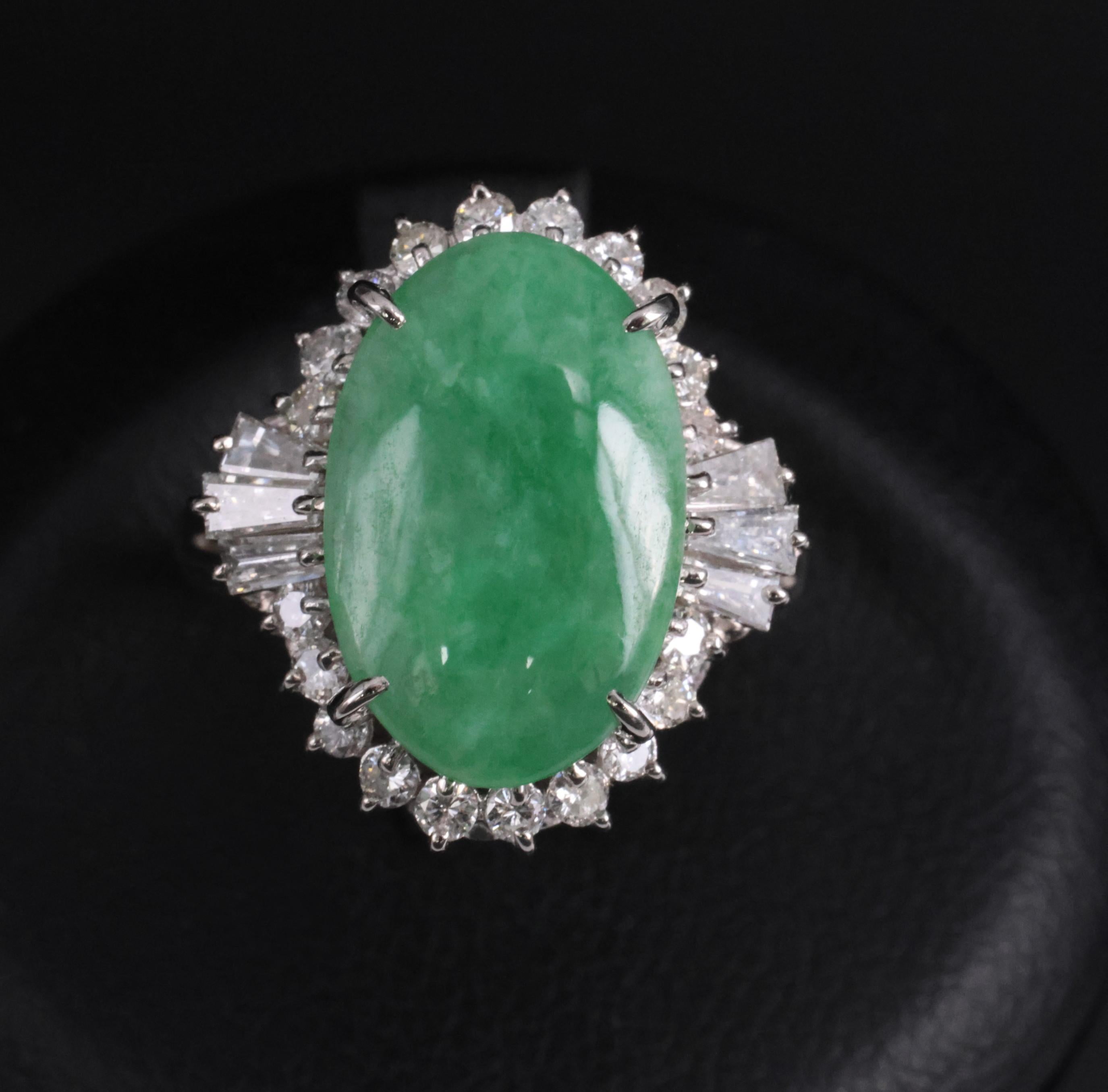 3.05ct Natural Green Apple Jadeite Jade & 0.68ct Diamond Platinum Ring, Size 5.5