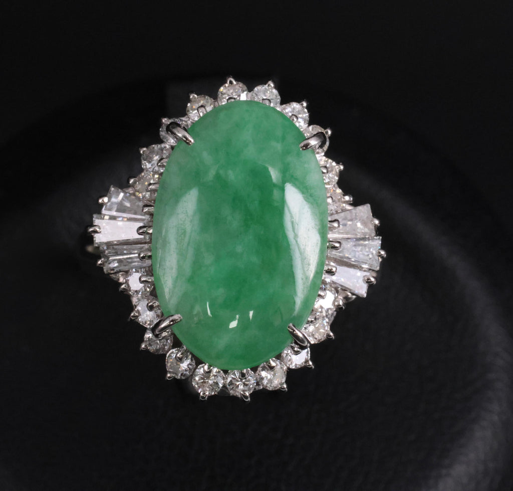 3.05ct Natural Green Apple Jadeite Jade & 0.68ct Diamond Platinum Ring, Size 5.5