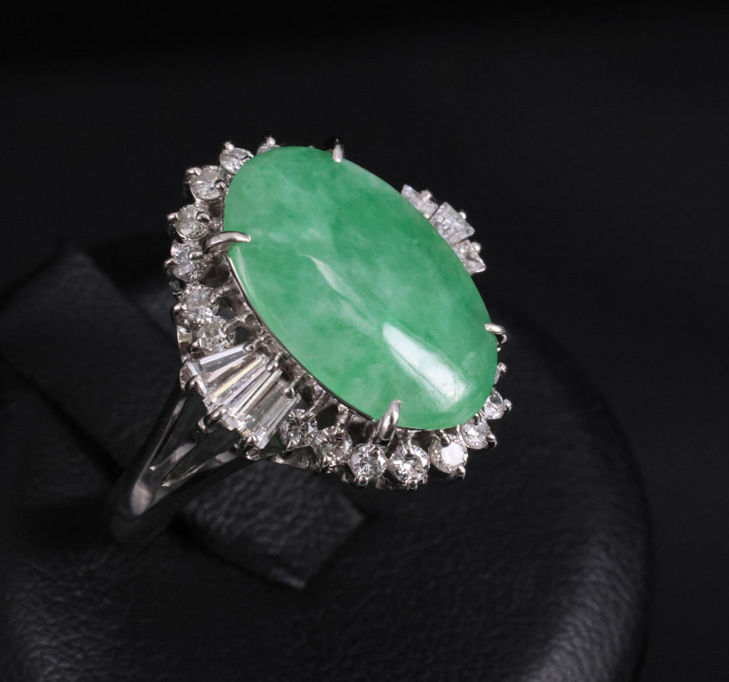 3.05ct Natural Green Apple Jadeite Jade & 0.68ct Diamond Platinum Ring, Size 5.5