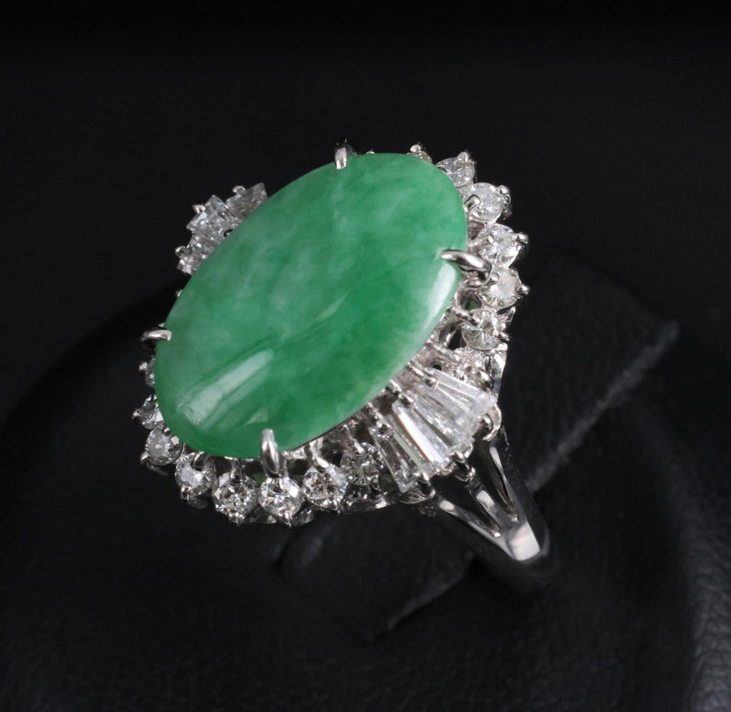 3.05ct Natural Green Apple Jadeite Jade & 0.68ct Diamond Platinum Ring, Size 5.5