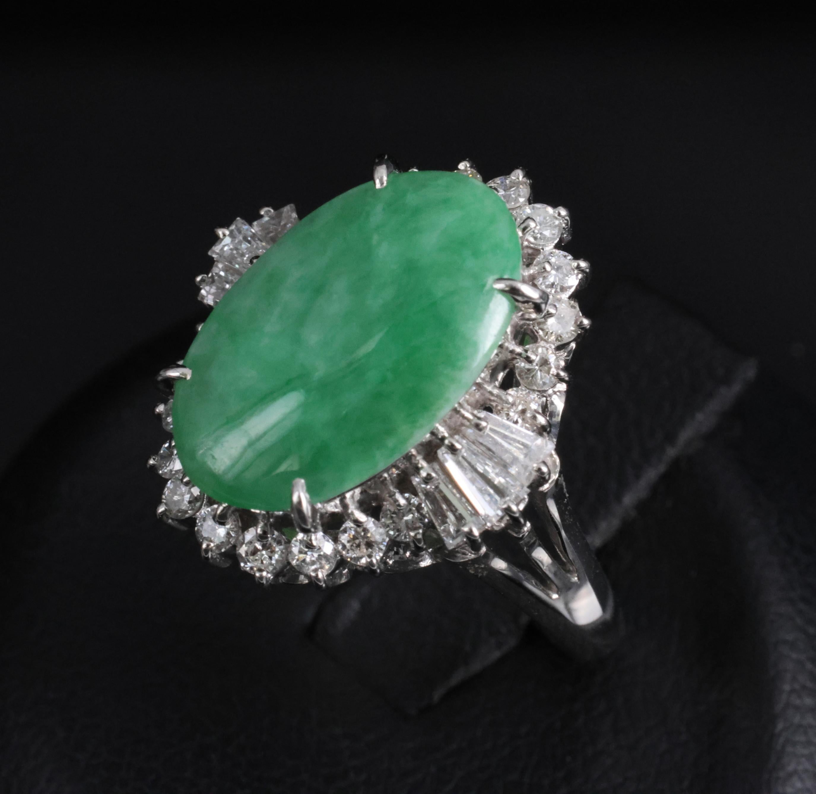 3.05ct Natural Green Apple Jadeite Jade & 0.68ct Diamond Platinum Ring, Size 5.5
